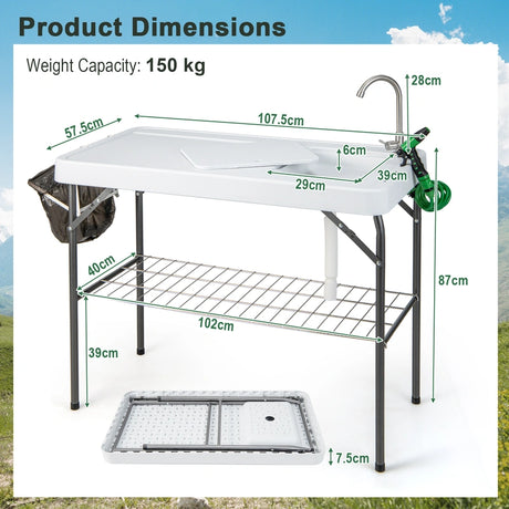 Portable Camping Fish Cleaning Table with Grid Rack and Faucet