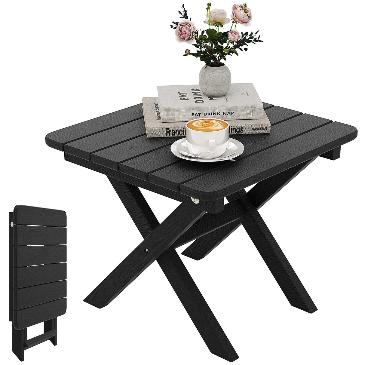 Outdoor Folding Side Table Foldable Weather-Resistant HDPE Adirondack Table-Black