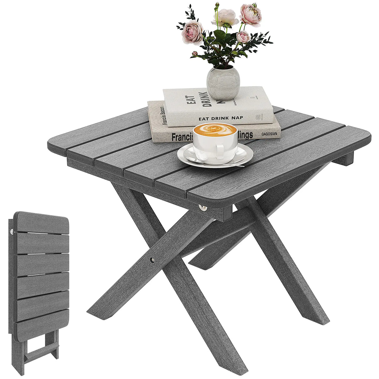 Outdoor Folding Side Table Foldable Weather-Resistant HDPE Adirondack Table-Gray