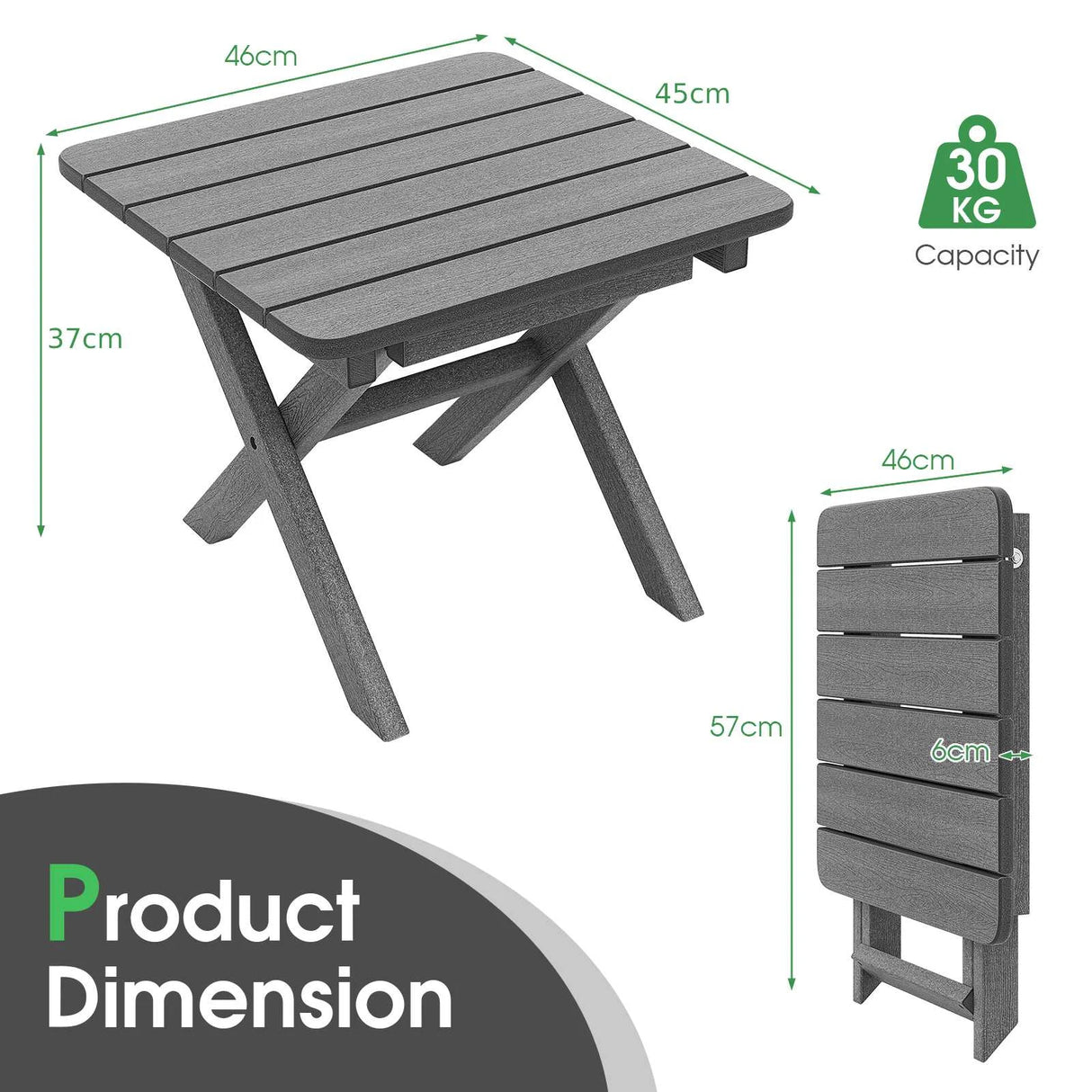 Outdoor Folding Side Table Foldable Weather-Resistant HDPE Adirondack Table-Gray