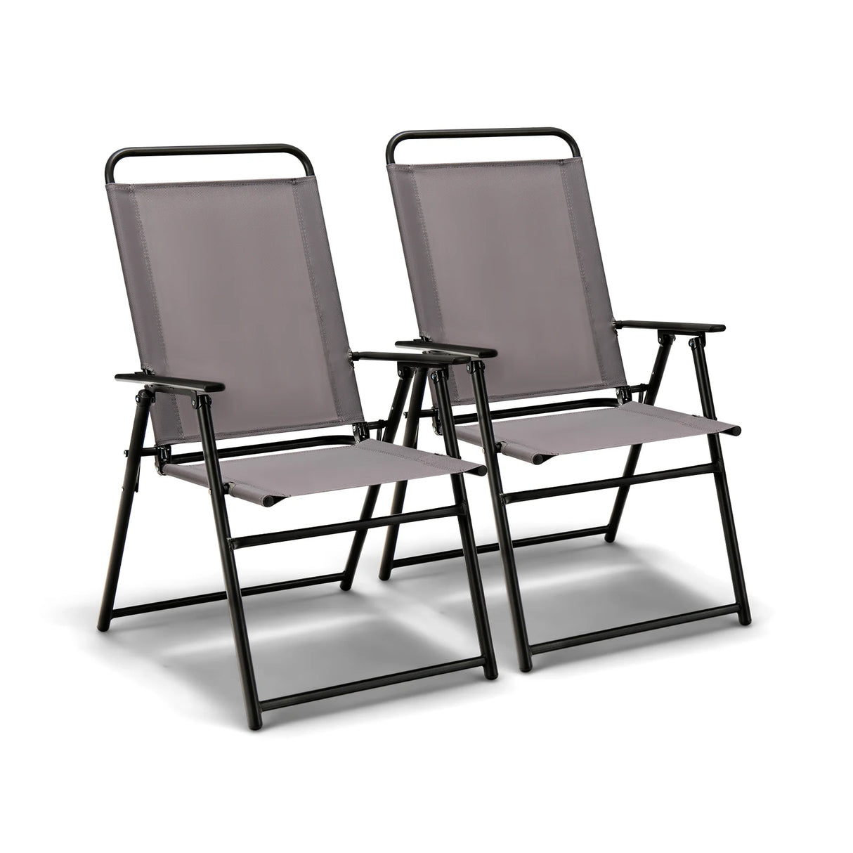Set of 2 Outdoor Folding Sling Chairs with Armrest and Backrest-Gray