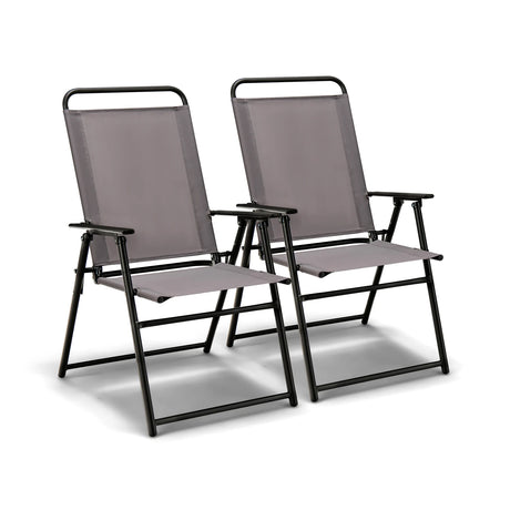 Set of 2 Outdoor Folding Sling Chairs with Armrest and Backrest-Gray