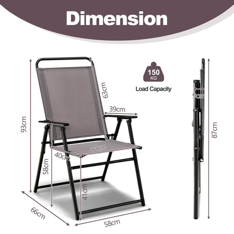Set of 2 Outdoor Folding Sling Chairs with Armrest and Backrest-Gray