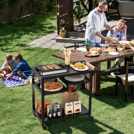 Rolling Grill Cart 3-Shelf BBQ Cart with Hooks and Side Handle-Black