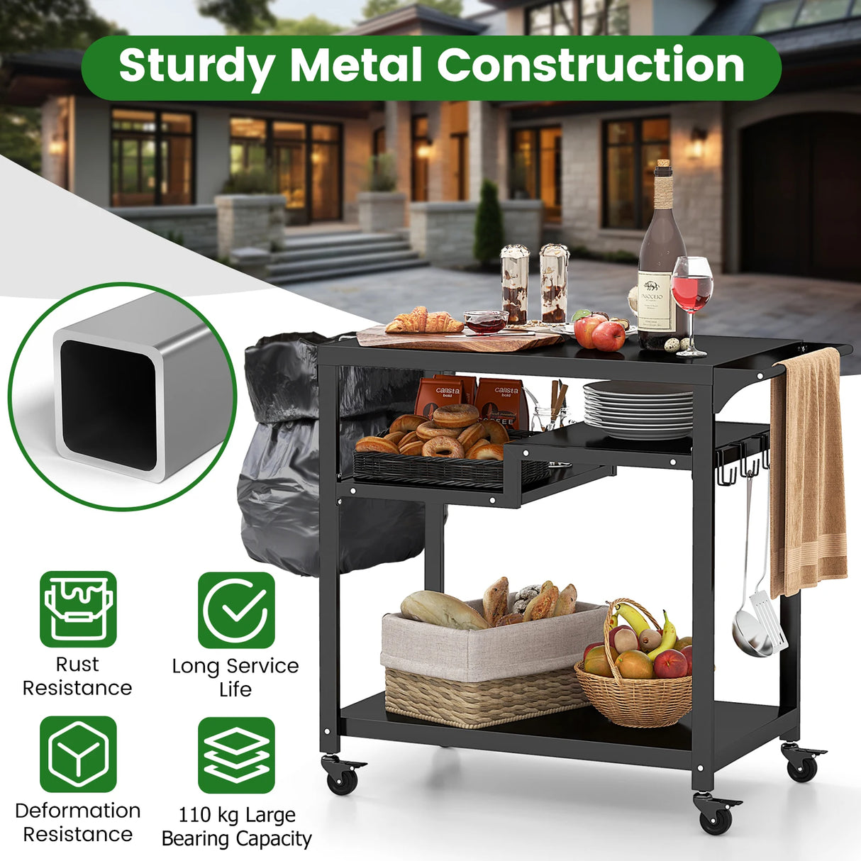 Rolling Grill Cart 3-Shelf BBQ Cart with Hooks and Side Handle-Black
