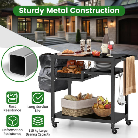 Rolling Grill Cart 3-Shelf BBQ Cart with Hooks and Side Handle-Black