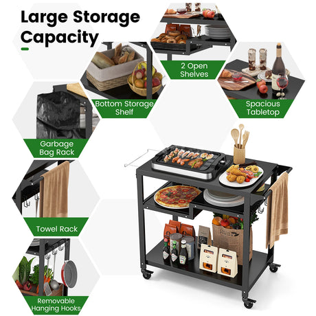 Rolling Grill Cart 3-Shelf BBQ Cart with Hooks and Side Handle-Black