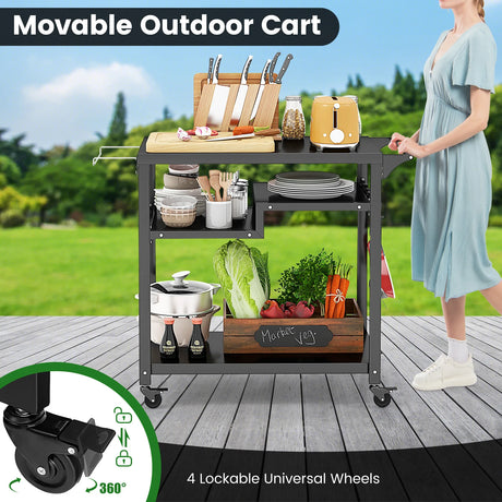 Rolling Grill Cart 3-Shelf BBQ Cart with Hooks and Side Handle-Black