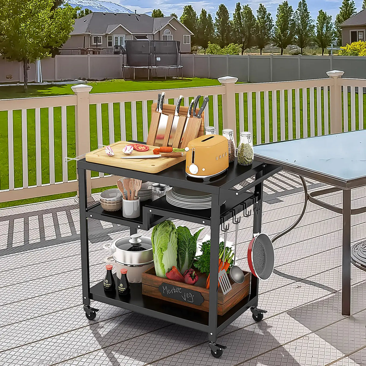 Rolling Grill Cart 3-Shelf BBQ Cart with Hooks and Side Handle-Black