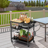Rolling Grill Cart 3-Shelf BBQ Cart with Hooks and Side Handle-Black