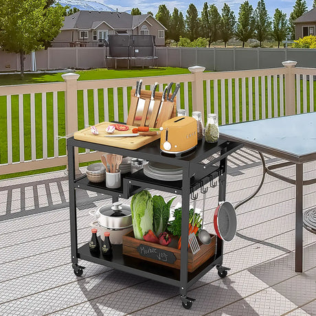 Rolling Grill Cart 3-Shelf BBQ Cart with Hooks and Side Handle-Black