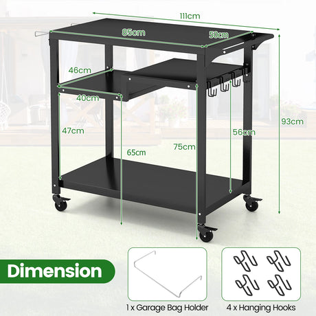 Rolling Grill Cart 3-Shelf BBQ Cart with Hooks and Side Handle-Black