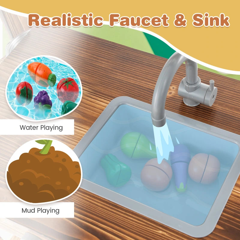 Outdoor Mud Kitchen for Kids with Rotatable Faucet and Removable Sink-Natural