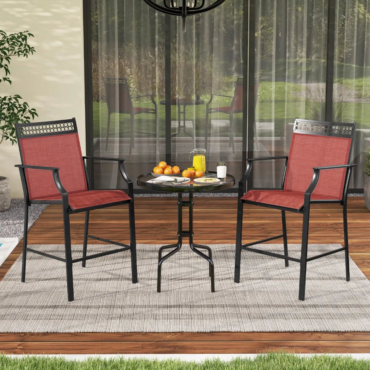 Outdoor Counter Stools Set of 2 Heavy-Duty Barstools with Footrest and Armrests-Red