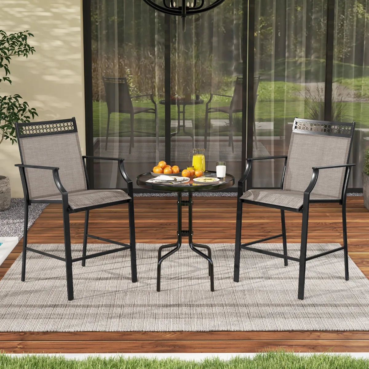 Outdoor Counter Stools Set of 2 Heavy-Duty Barstools with Footrest and Armrests-Coffee