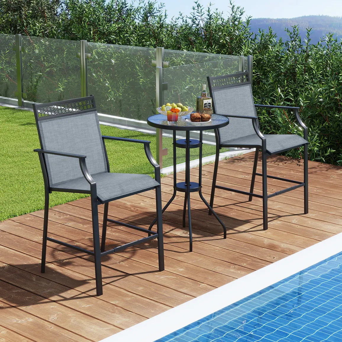 Outdoor Counter Stools Set of 2 Heavy-Duty Barstools with Footrest and Armrests-Blue