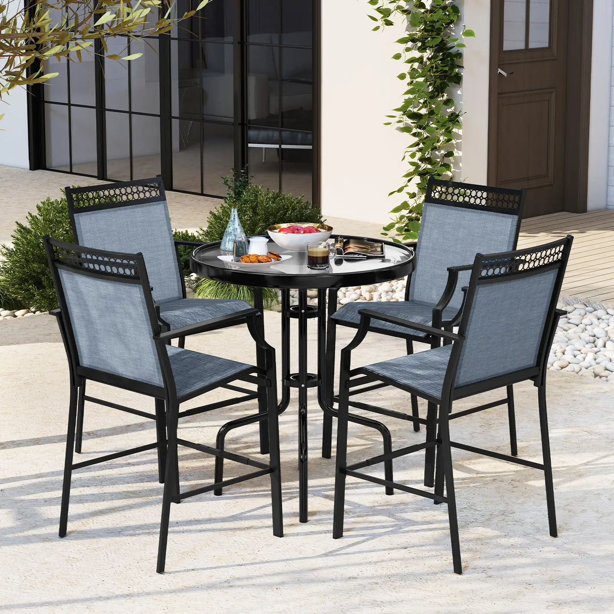 Outdoor Counter Stools Set of 2 Heavy-Duty Barstools with Footrest and Armrests-Blue