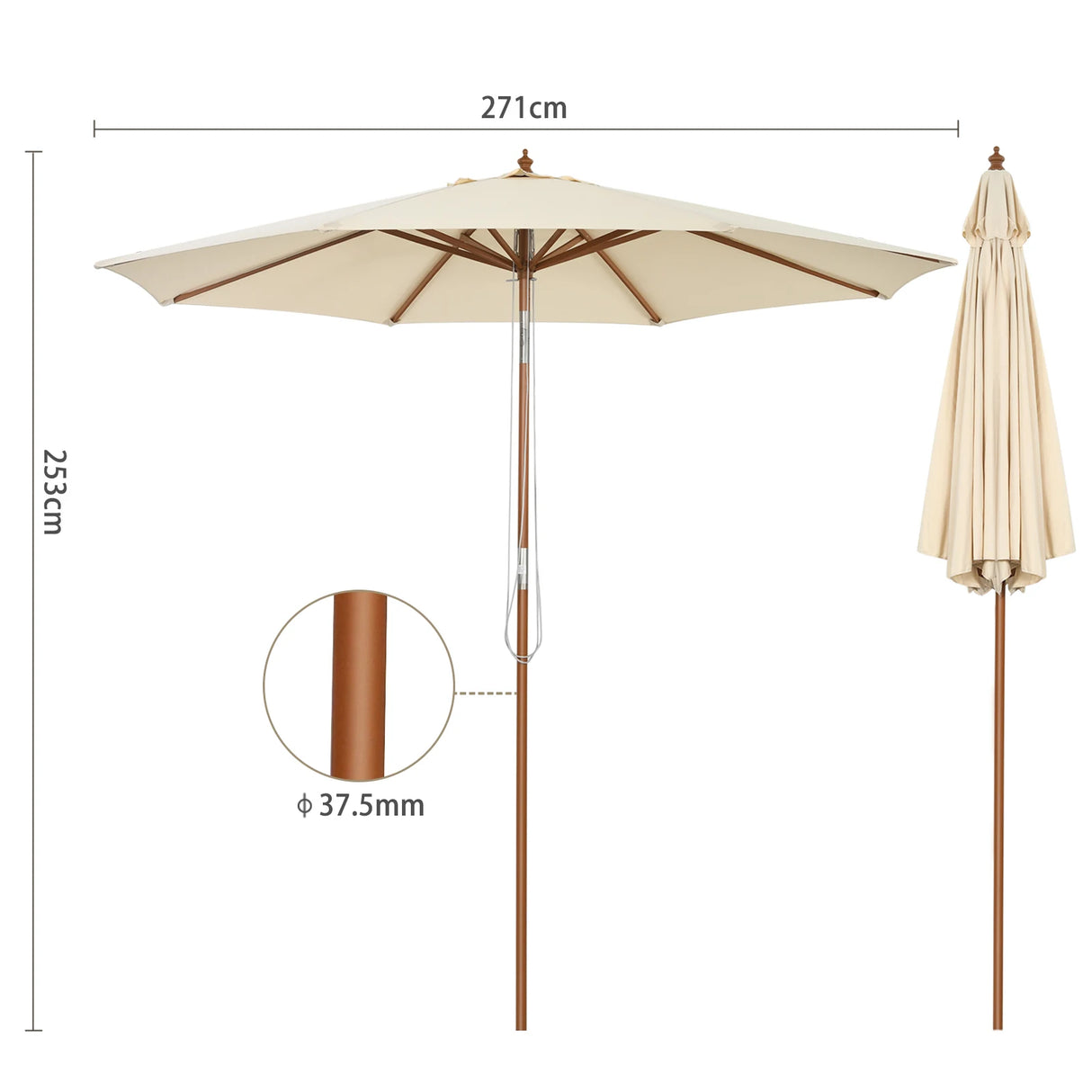 270 cm wooden garden umbrella Can be bent by 30 on both sides, beige