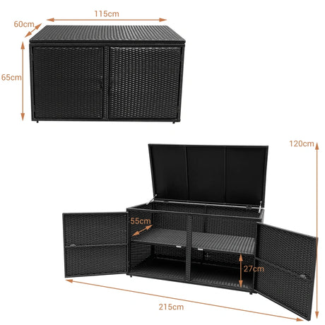 330L 2-Tier Outdoor PE Wicker Storage Box with Lid and Front Doors-Black