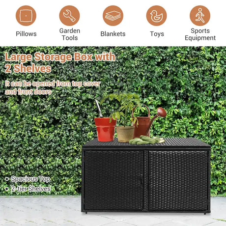 330L 2-Tier Outdoor PE Wicker Storage Box with Lid and Front Doors-Black