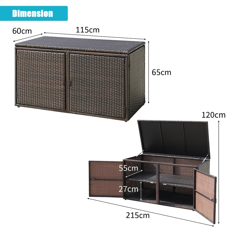 330L 2-Tier Outdoor PE Wicker Storage Box with Lid and Front Doors-Brown