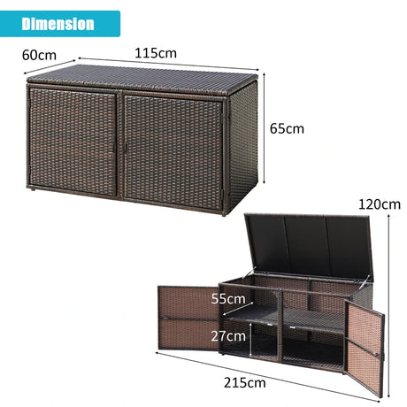 330L 2-Tier Outdoor PE Wicker Storage Box with Lid and Front Doors-Brown
