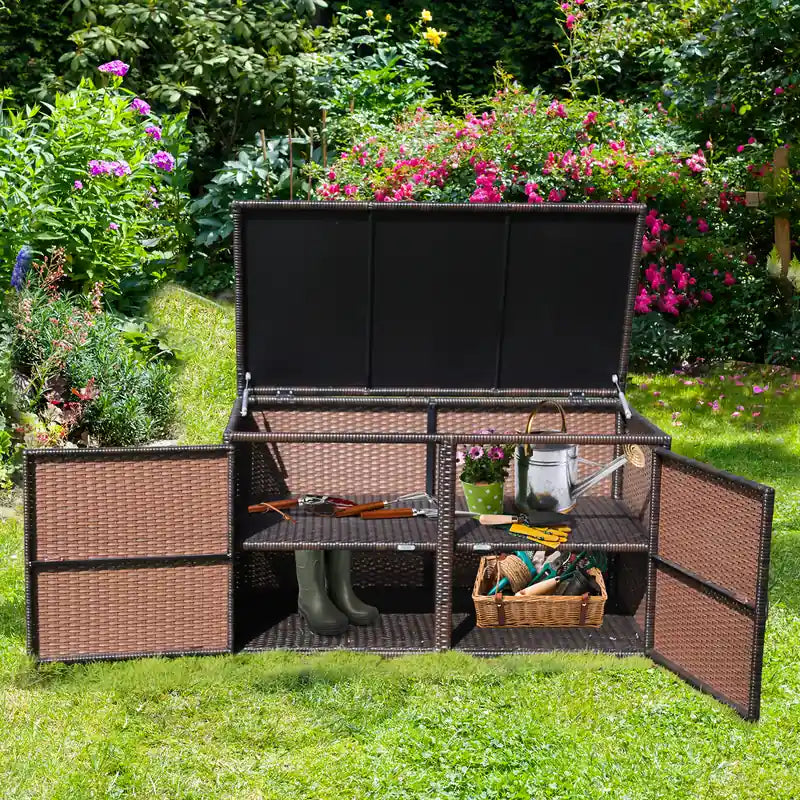 330L 2-Tier Outdoor PE Wicker Storage Box with Lid and Front Doors-Brown