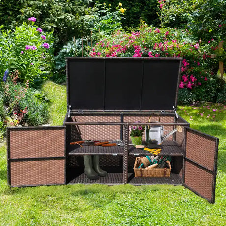 330L 2-Tier Outdoor PE Wicker Storage Box with Lid and Front Doors-Brown