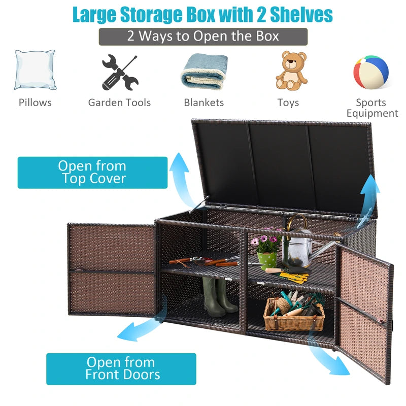 330L 2-Tier Outdoor PE Wicker Storage Box with Lid and Front Doors-Brown
