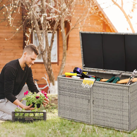 330L 2-Tier Outdoor PE Wicker Storage Box with Lid and Front Doors-Grey