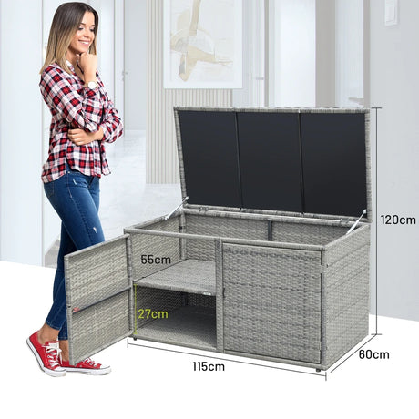 330L 2-Tier Outdoor PE Wicker Storage Box with Lid and Front Doors-Grey
