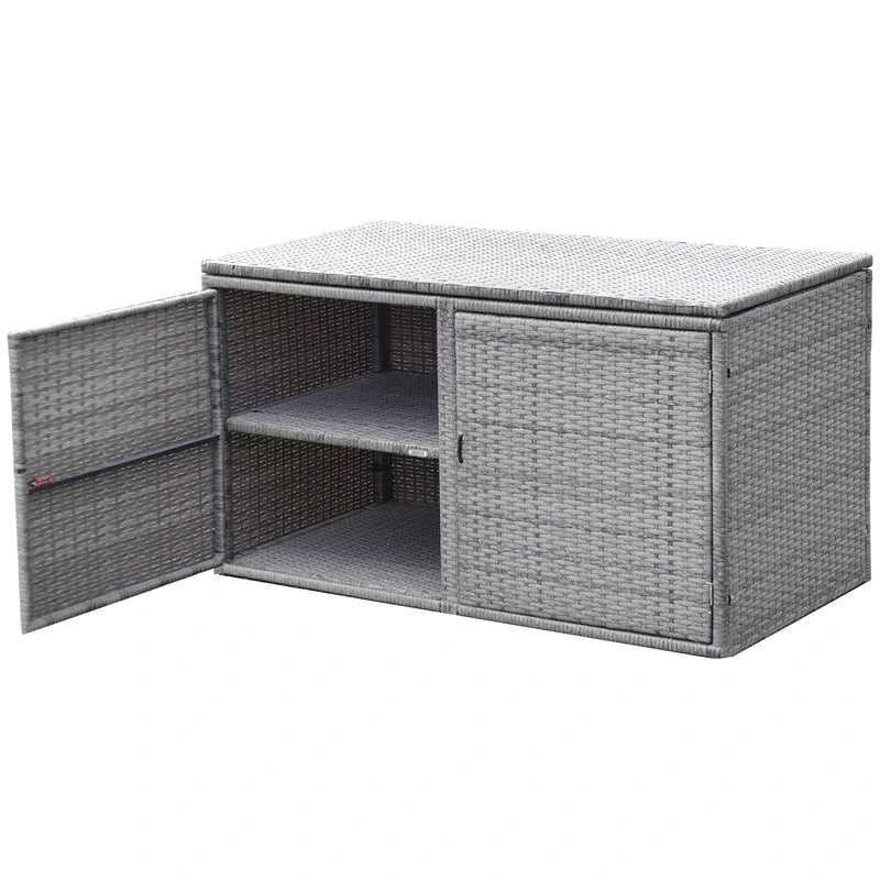 330L 2-Tier Outdoor PE Wicker Storage Box with Lid and Front Doors-Grey