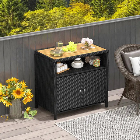 Rattan Storage Cabinet with Acacia Wood Countertop for Poolside Deck and Patio-Black