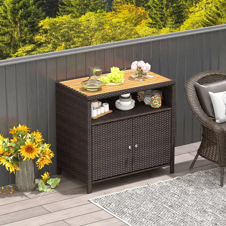 Rattan Storage Cabinet with Acacia Wood Countertop for Poolside Deck and Patio-Brown