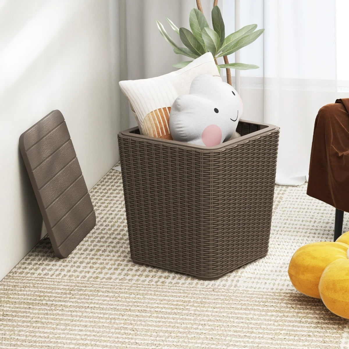 Outdoor Resin Storage Side Table with Removable Lid and Wicker-woven Accent-Coffee