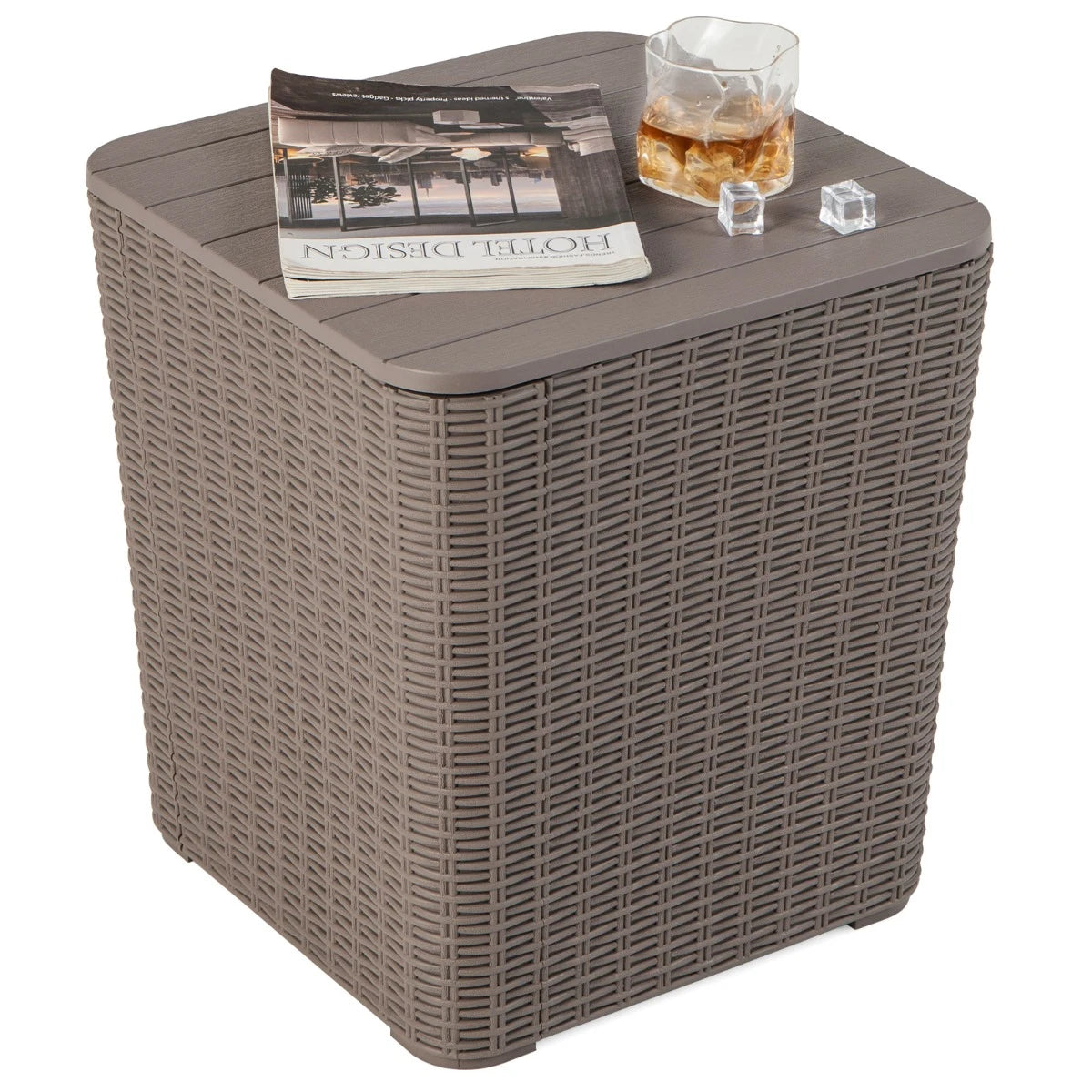 Outdoor Resin Storage Side Table with Removable Lid and Wicker-woven Accent-Coffee