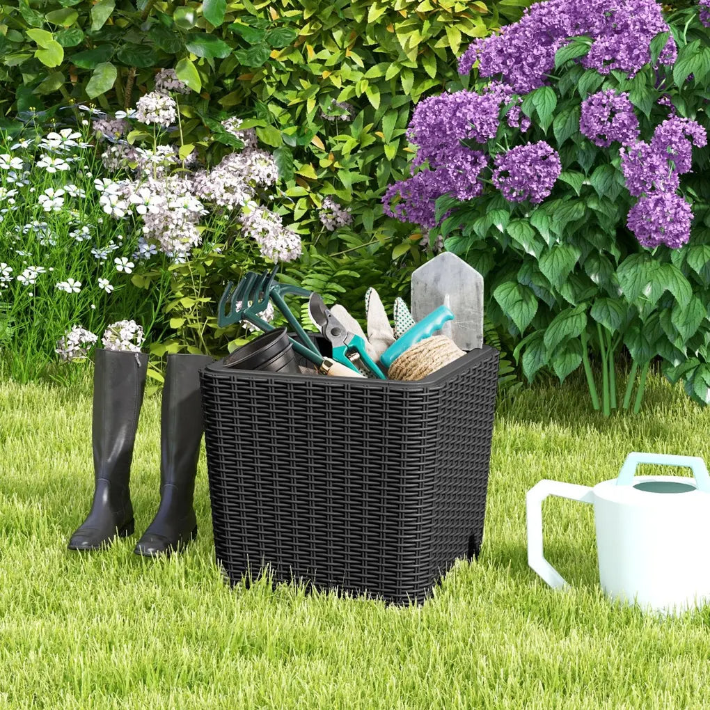 Outdoor Resin Storage Side Table with Removable Lid and Wicker-woven Accent-Black