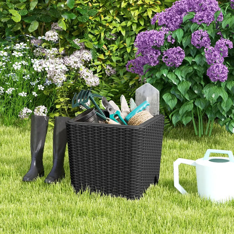 Outdoor Resin Storage Side Table with Removable Lid and Wicker-woven Accent-Black