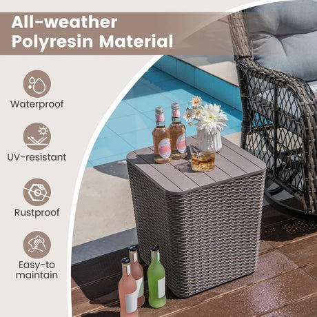 Outdoor Resin Storage Side Table with Removable Lid and Wicker-woven Accent-Coffee
