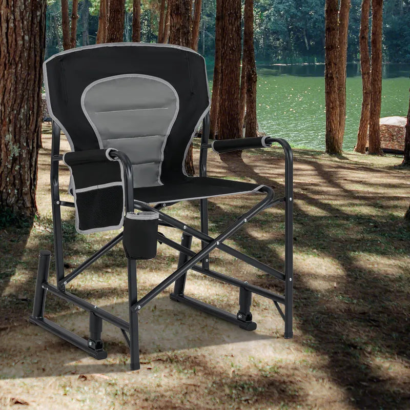 Outdoor Rocker Camping Chair with Dual Springs and Padded Back-Black