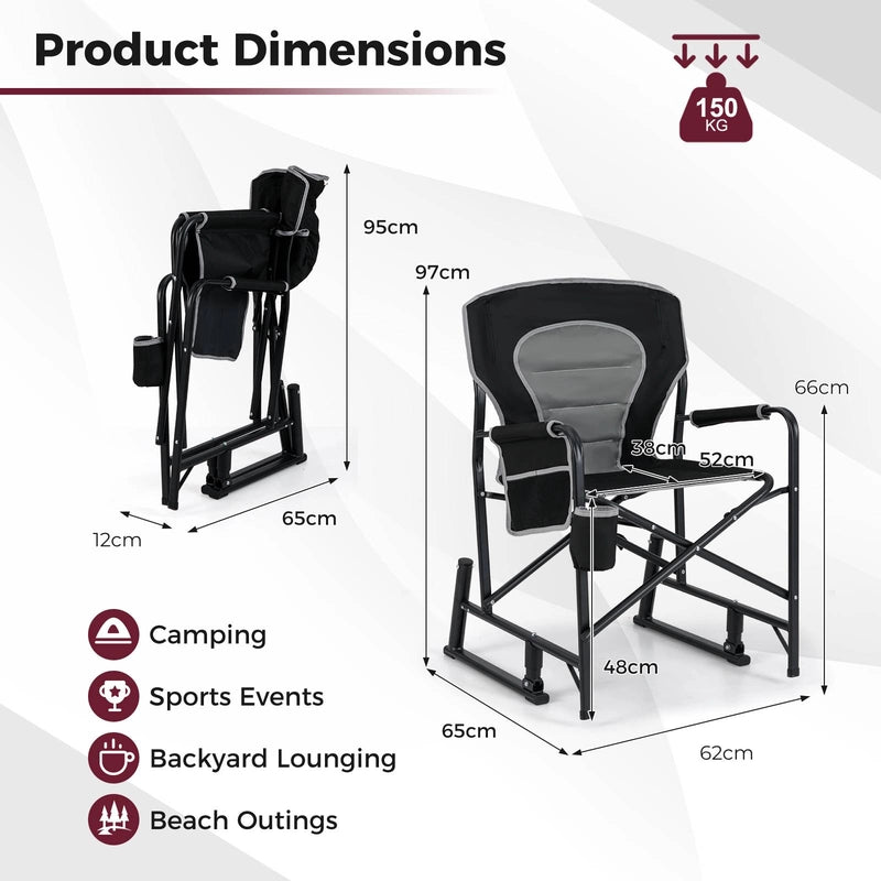 Outdoor Rocker Camping Chair with Dual Springs and Padded Back-Black
