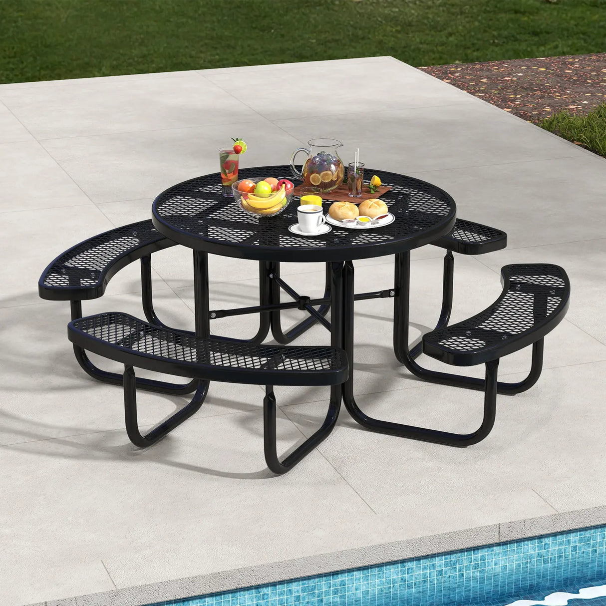 Outdoor Round Picnic Table and Bench Set for 8-Black