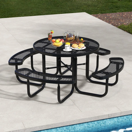 Outdoor Round Picnic Table and Bench Set for 8-Black