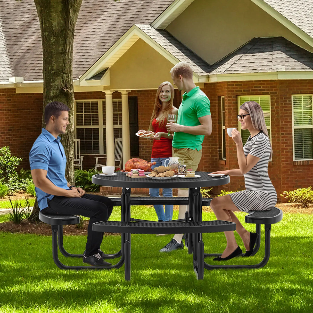 Outdoor Round Picnic Table and Bench Set for 8-Black