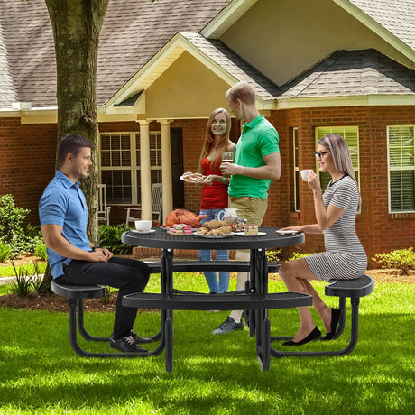Outdoor Round Picnic Table and Bench Set for 8-Black