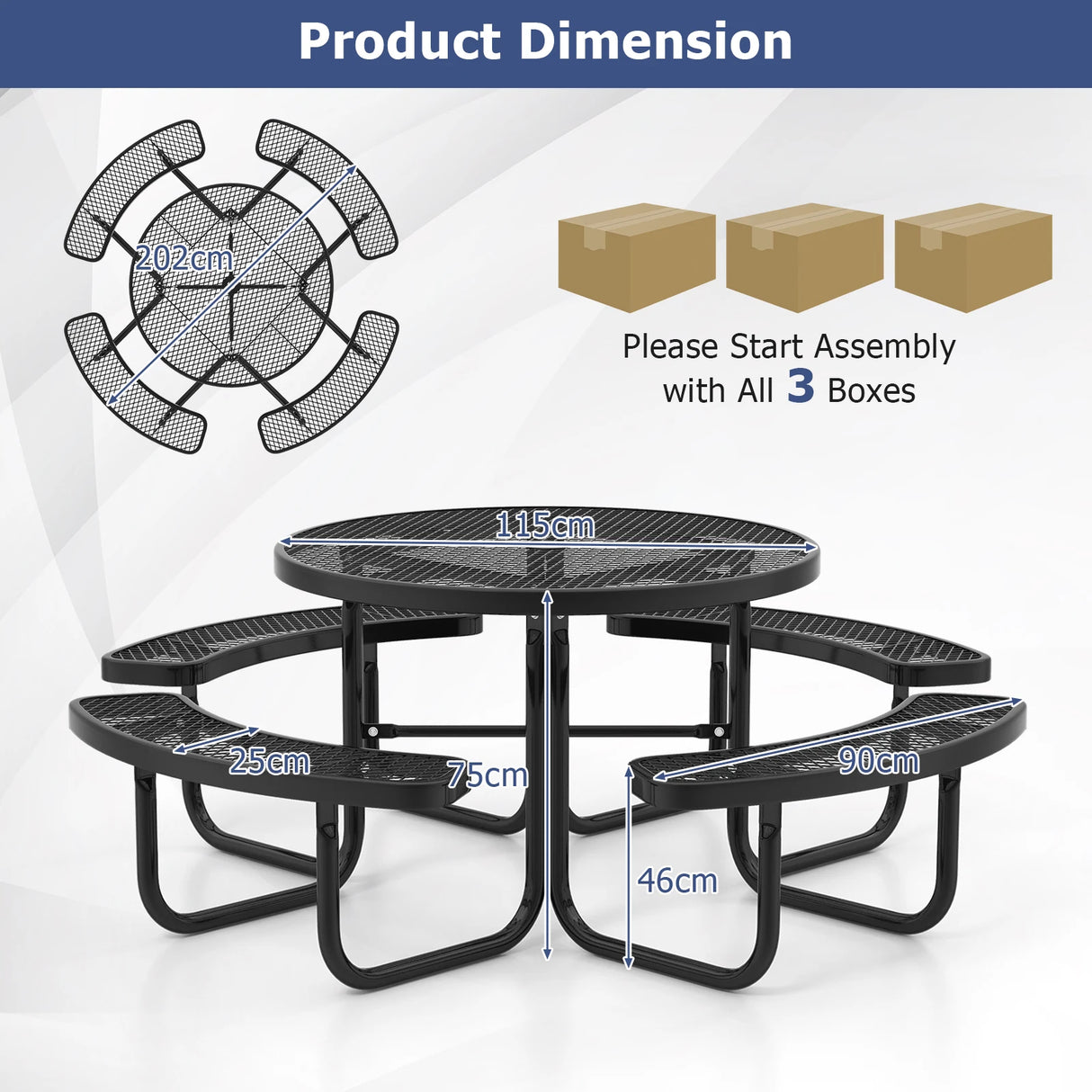Outdoor Round Picnic Table and Bench Set for 8-Black