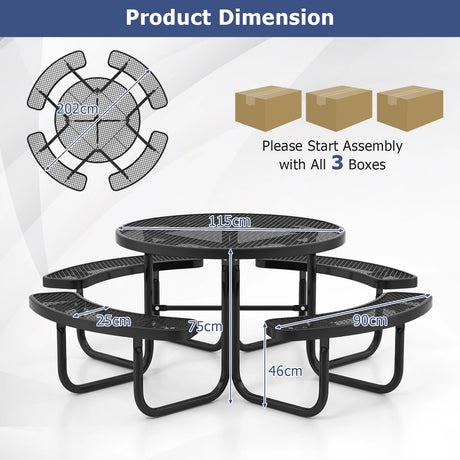 Outdoor Round Picnic Table and Bench Set for 8-Black