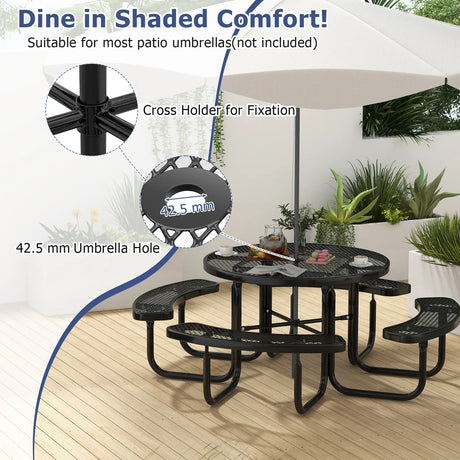 Outdoor Round Picnic Table and Bench Set for 8-Black