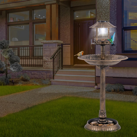 Outdoor Solar Lighted Bird Bath with Flower Planter Base-Antique