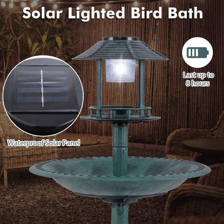 Outdoor Solar Lighted Bird Bath with Flower Planter Base-Bronze